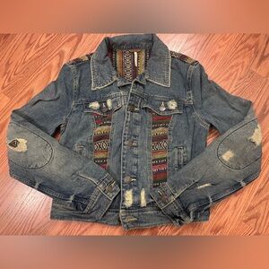 Free People Medium Blue Wash Denim Jacket Womens Size 2 Aztec Baja Jean